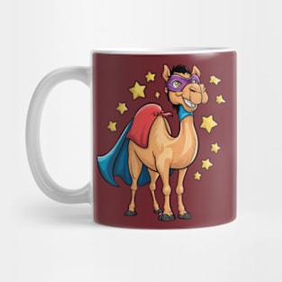 Creative and humorous vector print of a Bactrian camel, wearing a superhero cape and mask, standing confidently with a cheerful smile. (2) Mug